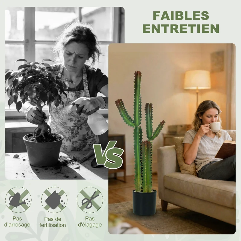 Cactus artificiel en pot salon bureau idéal prêt à poser 111 cm sans entretien design contemporain chaleureux en PP vert 21_0003720