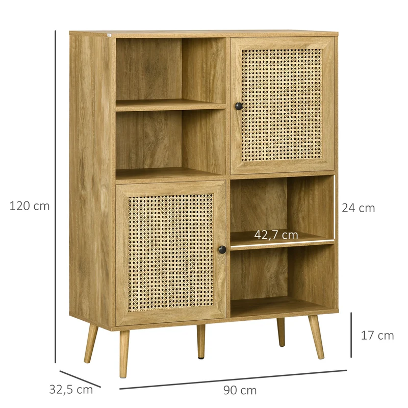 Buffet haut de rangement 90 x 32.5 x 120 cm multi rangements sécurité anti basculement vintage scandinave en bois chêne 21_0002893