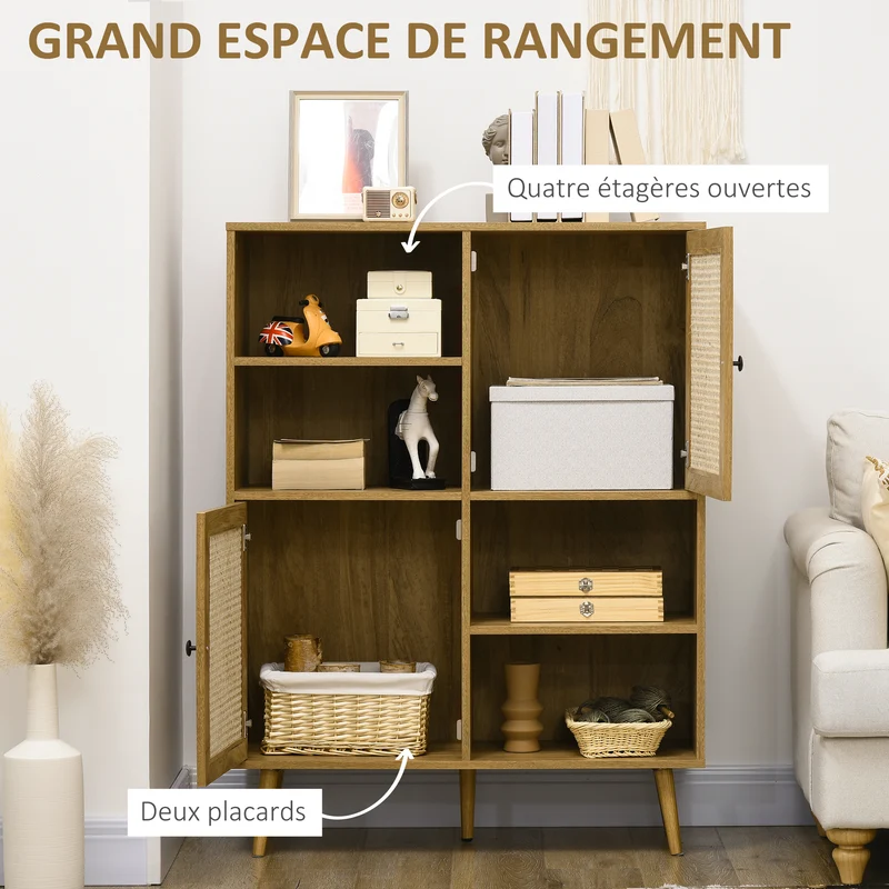 Buffet haut de rangement 90 x 32.5 x 120 cm multi rangements sécurité anti basculement vintage scandinave en bois chêne 21_0002893