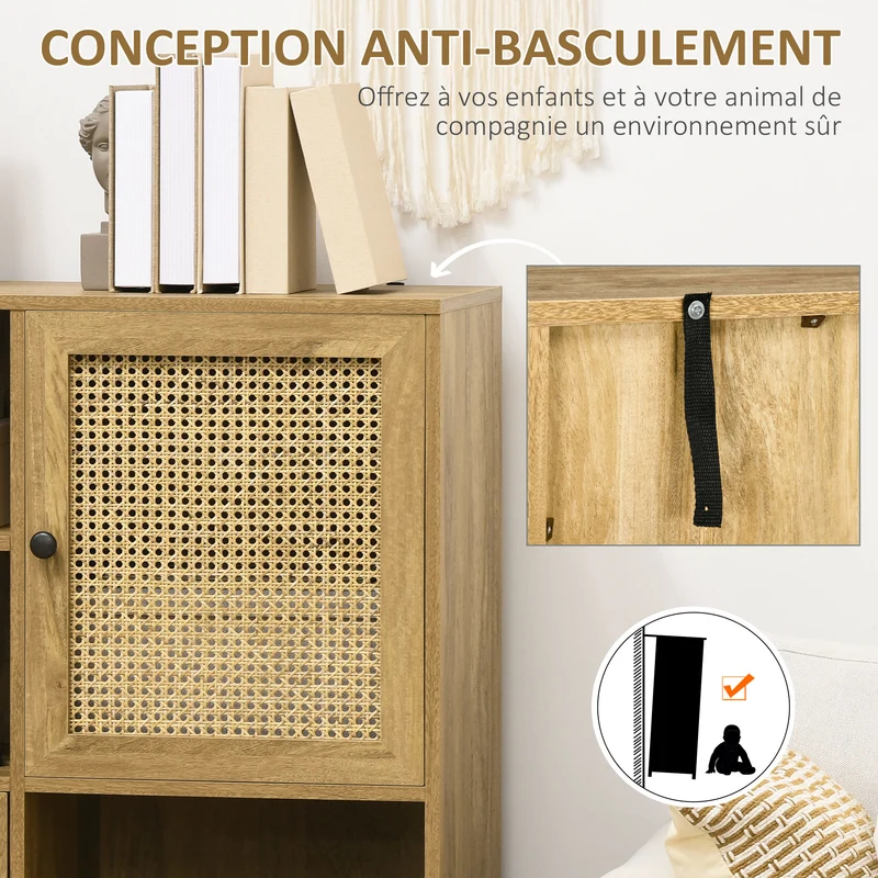 Buffet haut de rangement 90 x 32.5 x 120 cm multi rangements sécurité anti basculement vintage scandinave en bois chêne 21_0002893