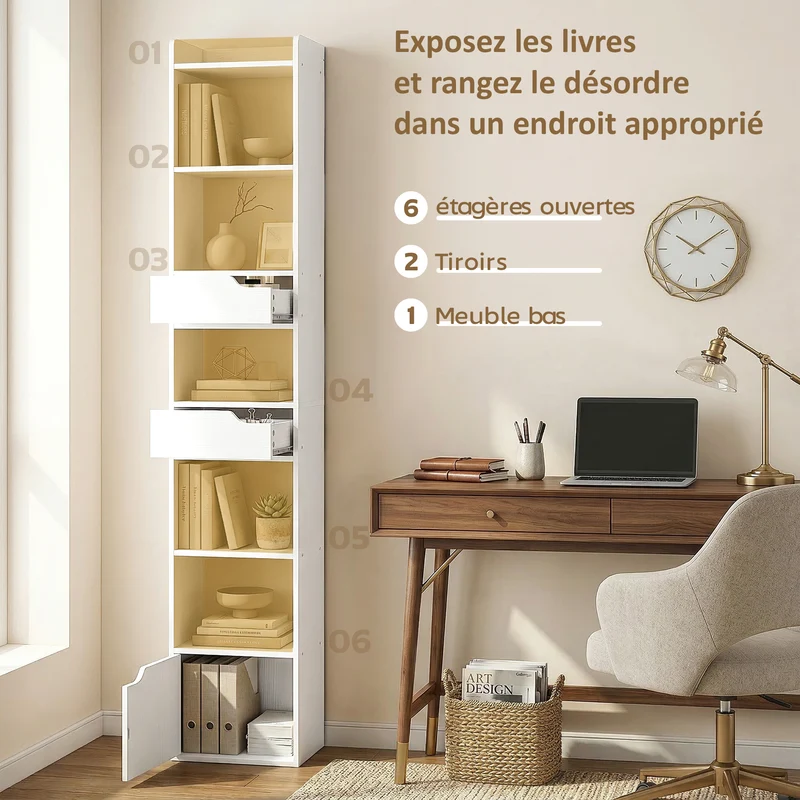 Bibliothèque étroite salon 32 x 24 x 181.5 cm rangement optimisé tiroirs placard moderne en panneau de particules blanc 21_0002574