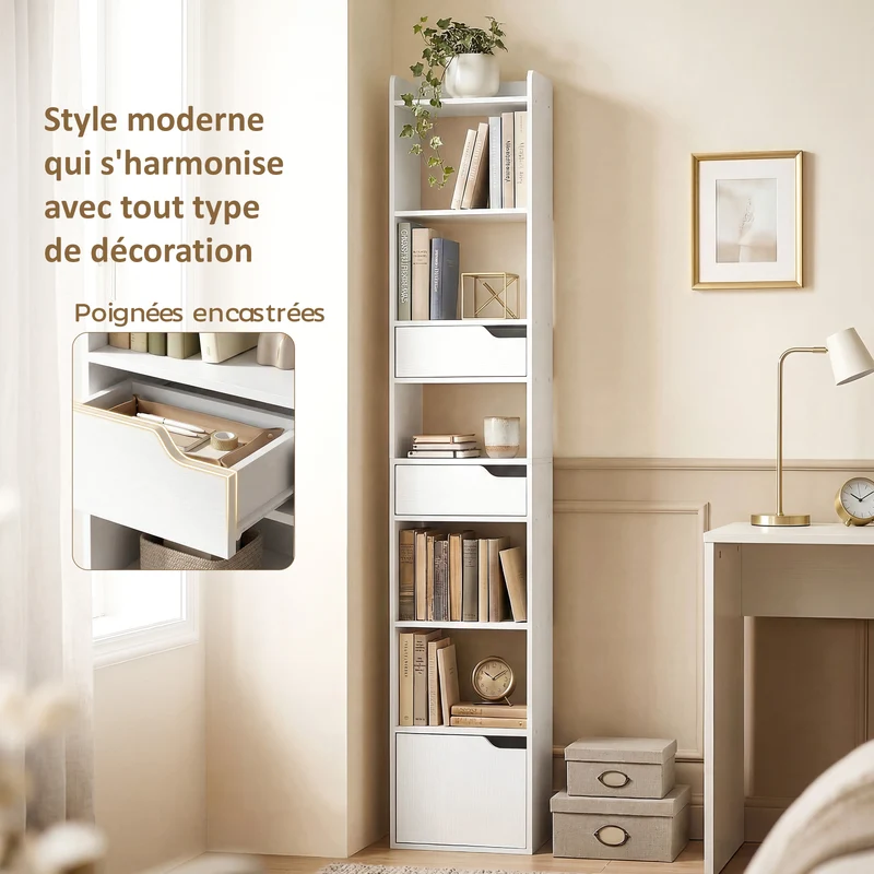 Bibliothèque étroite salon 32 x 24 x 181.5 cm rangement optimisé tiroirs placard moderne en panneau de particules blanc 21_0002574