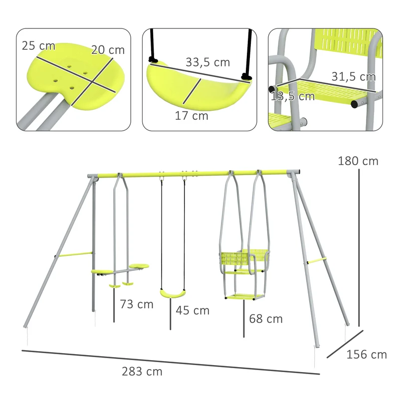 Balançoire portique enfant 283 x 156 x 180 cm pour jardin pour 5 enfants charge 225 kg design contemporain en métal vert 21_0000376