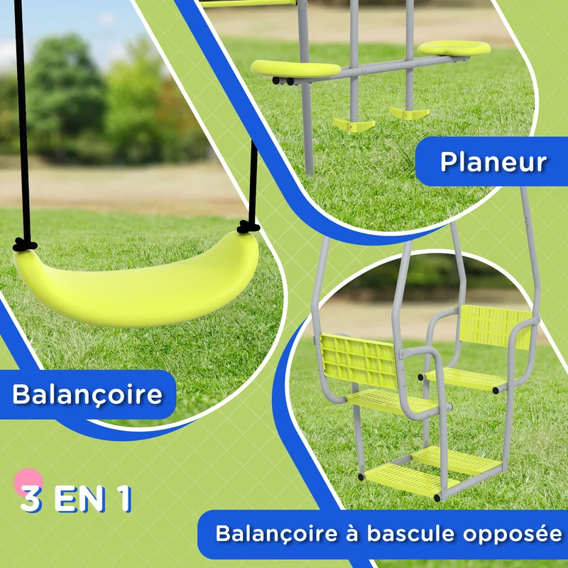 Balançoire portique enfant 283 x 156 x 180 cm pour jardin pour 5 enfants charge 225 kg design contemporain en métal vert 21_0000376