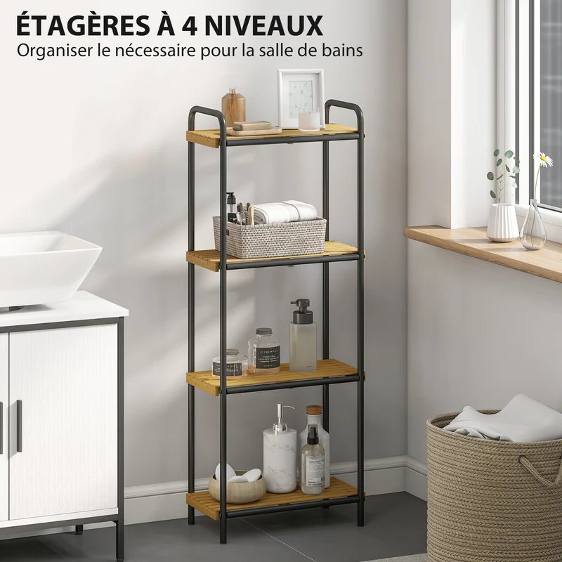 Étagère de salle de bain étroite 41.5 x 21.5 x 106 cm gain de place antitache à lattes scandinave en bambou bois naturel 21_0002113