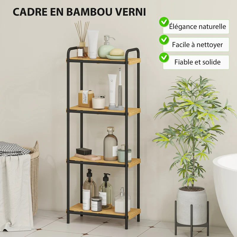 Étagère de salle de bain étroite 41.5 x 21.5 x 106 cm gain de place antitache à lattes scandinave en bambou bois naturel 21_0002113