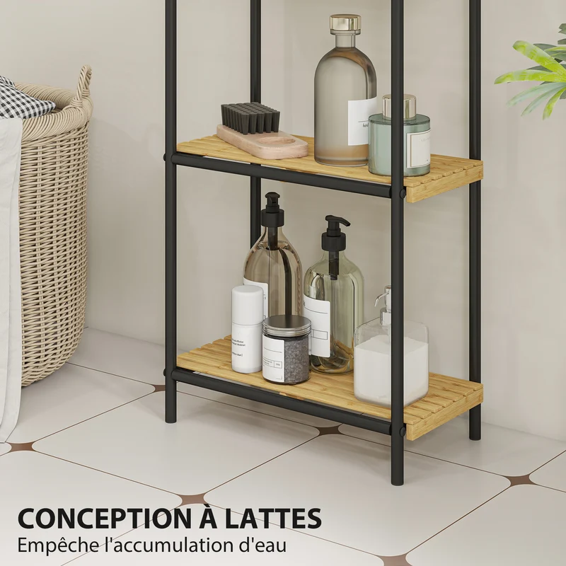 Étagère de salle de bain étroite 41.5 x 21.5 x 106 cm gain de place antitache à lattes scandinave en bambou bois naturel 21_0002113