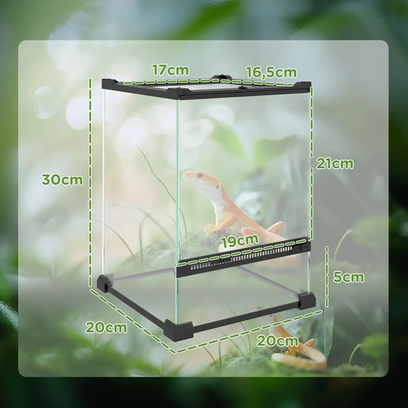 Terrarium pour reptiles volume 12 l 20 x 20 x 30 cm aération sécurisée avec verrou moderne épuré en verre trempé noir 21_0007845