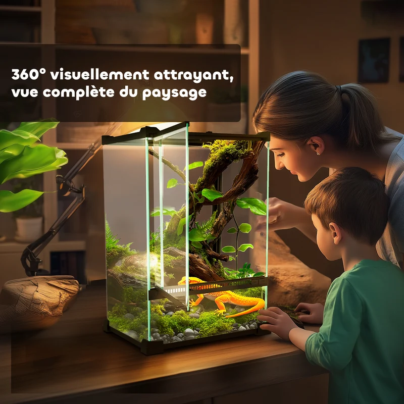 Terrarium pour reptiles volume 12 l 20 x 20 x 30 cm aération sécurisée avec verrou moderne épuré en verre trempé noir 21_0007845