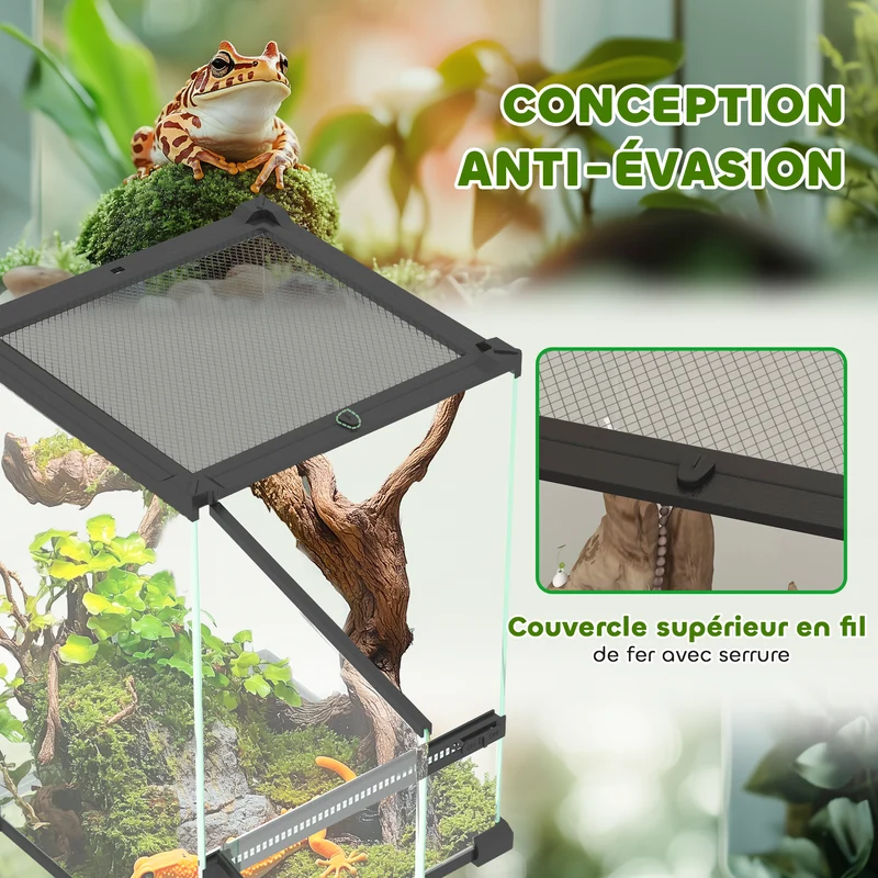 Terrarium pour reptiles volume 12 l 20 x 20 x 30 cm aération sécurisée avec verrou moderne épuré en verre trempé noir 21_0007845