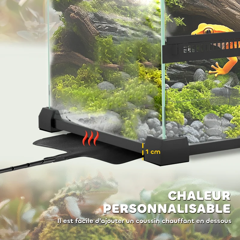 Terrarium pour reptiles volume 12 l 20 x 20 x 30 cm aération sécurisée avec verrou moderne épuré en verre trempé noir 21_0007845