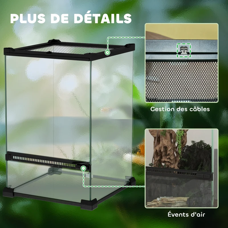 Terrarium pour reptiles volume 12 l 20 x 20 x 30 cm aération sécurisée avec verrou moderne épuré en verre trempé noir 21_0007845