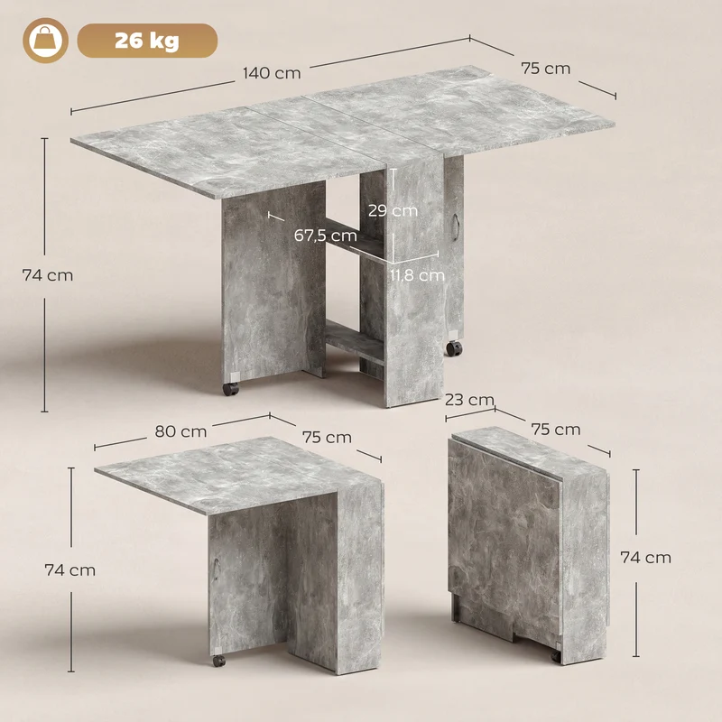Table pliante de cuisine à roulettes 75 x 140 x 74 cm 2 étagères compacte moderne épuré en panneau de particules gris 21_0002272