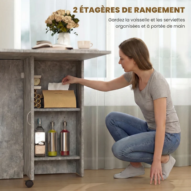 Table pliante de cuisine à roulettes 75 x 140 x 74 cm 2 étagères compacte moderne épuré en panneau de particules gris 21_0002272
