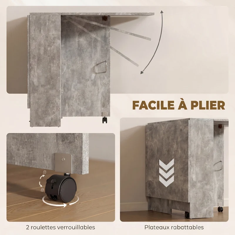 Table pliante de cuisine à roulettes 75 x 140 x 74 cm 2 étagères compacte moderne épuré en panneau de particules gris 21_0002272