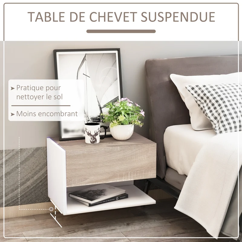 Table de chevet murale 46 x 30 x 30 cm gain de place tiroir étagère contemporain épuré en panneaux de particules blanc 21_0001459