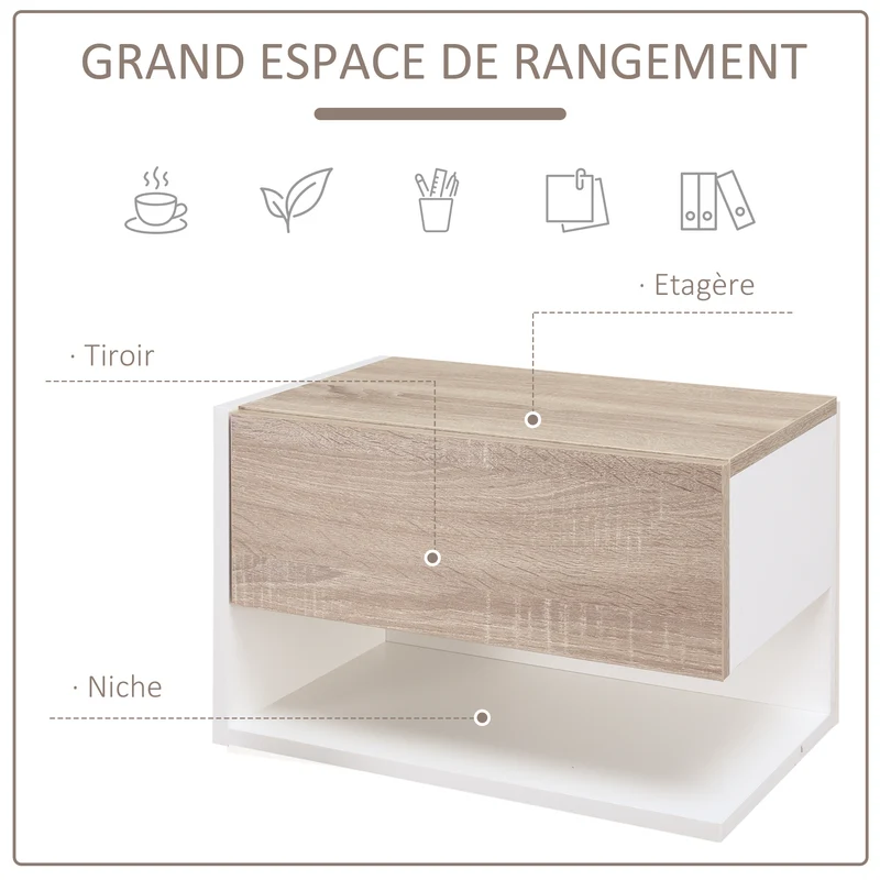 Table de chevet murale 46 x 30 x 30 cm gain de place tiroir étagère contemporain épuré en panneaux de particules blanc 21_0001459