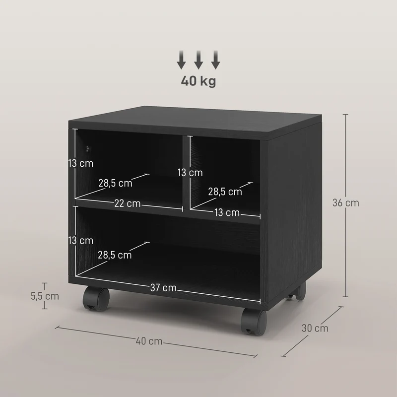 Support imprimante rangement bureau 40 x 30 x 36 cm sur roulettes freinables compact épuré en panneau de particules noir 21_0006398