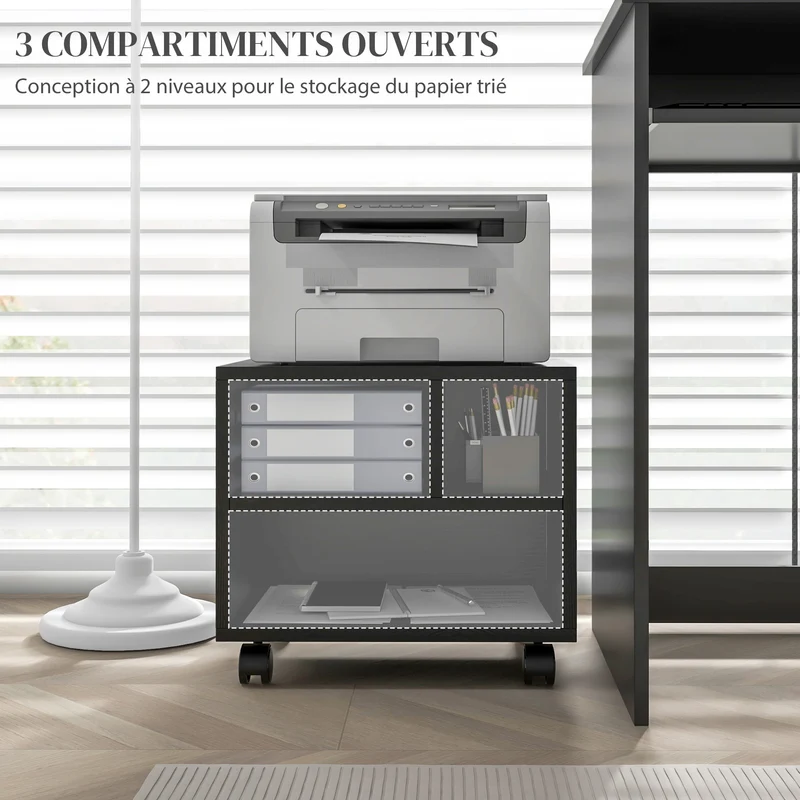Support imprimante rangement bureau 40 x 30 x 36 cm sur roulettes freinables compact épuré en panneau de particules noir 21_0006398
