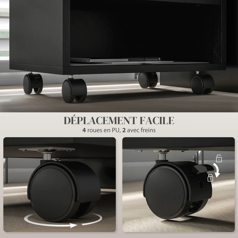 Support imprimante rangement bureau 40 x 30 x 36 cm sur roulettes freinables compact épuré en panneau de particules noir 21_0006398