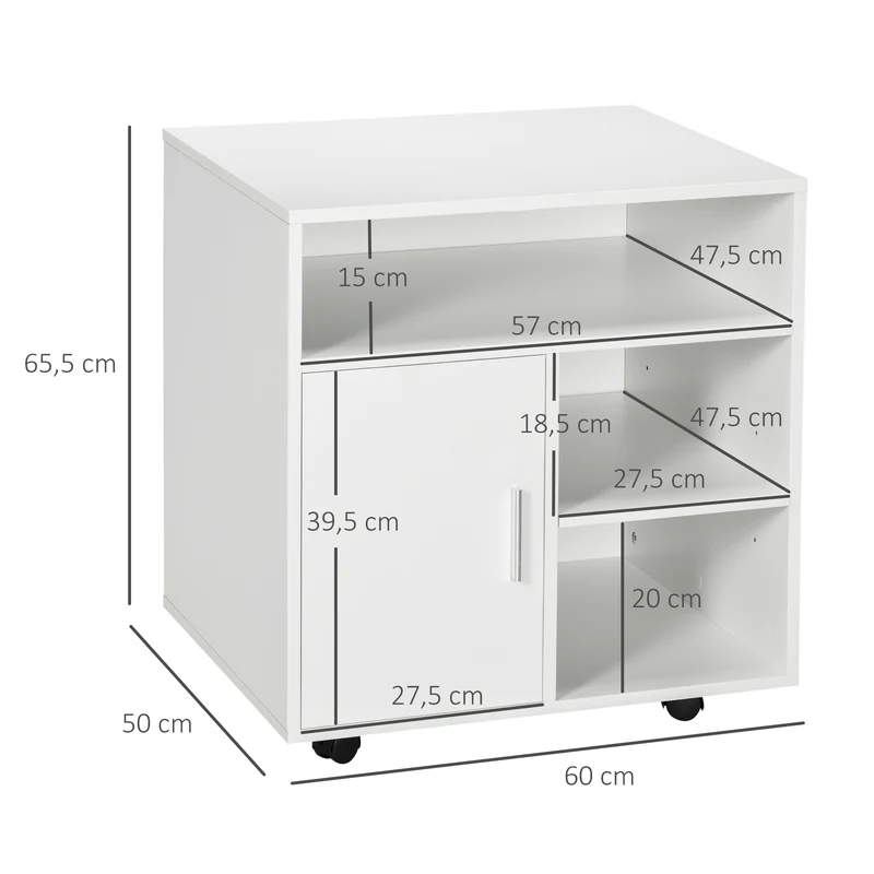 Support imprimante bureau 60 x 50 x 65,5 cm roulettes 360° étagère réglable moderne en panneaux de particules blanc 21_0006378