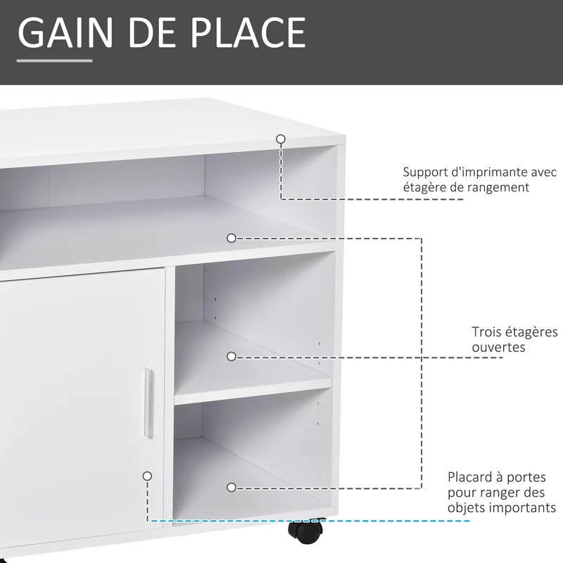 Support imprimante bureau 60 x 50 x 65,5 cm roulettes 360° étagère réglable moderne en panneaux de particules blanc 21_0006378