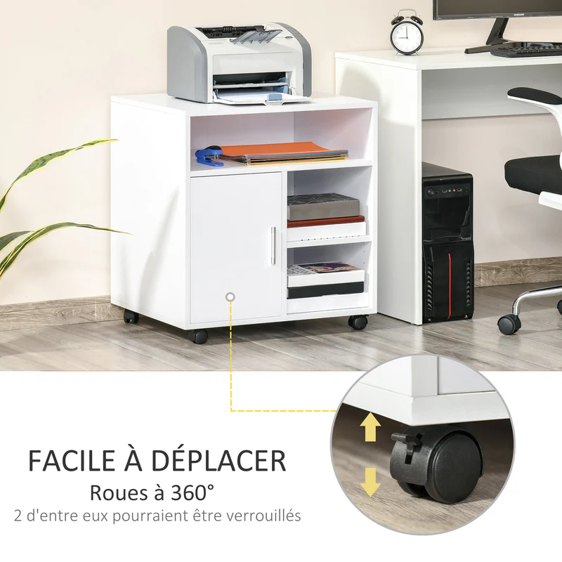 Support imprimante bureau 60 x 50 x 65,5 cm roulettes 360° étagère réglable moderne en panneaux de particules blanc 21_0006378