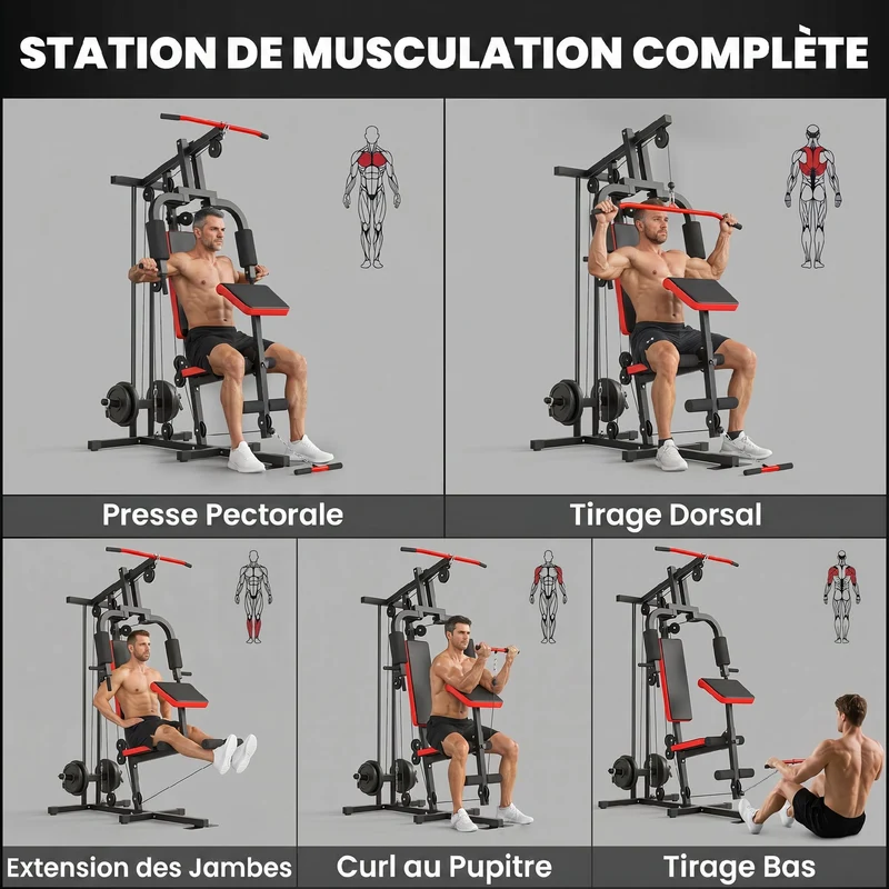 Station de musculation maison 136 x 107 x 205 cm banc amovible entraînement complet moderne industriel en acier noir 21_0006900