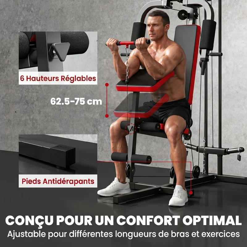 Station de musculation maison 136 x 107 x 205 cm banc amovible entraînement complet moderne industriel en acier noir 21_0006900