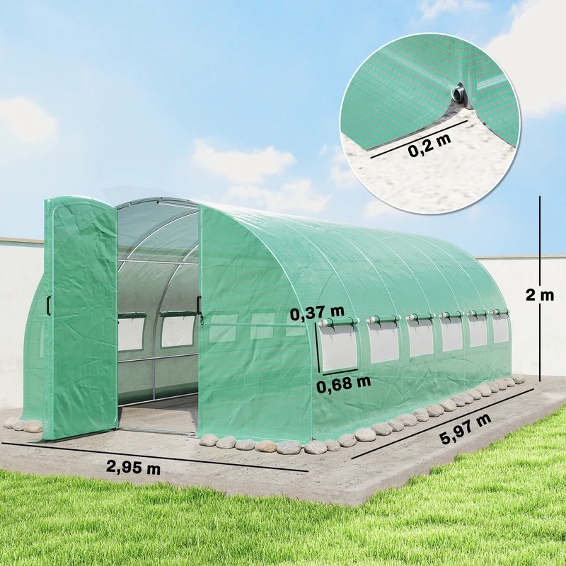 Serre tunnel de jardin 295 x 597 x 200 cm protection uv ventilation réglable contemporain industriel en acier vert 21_0005586