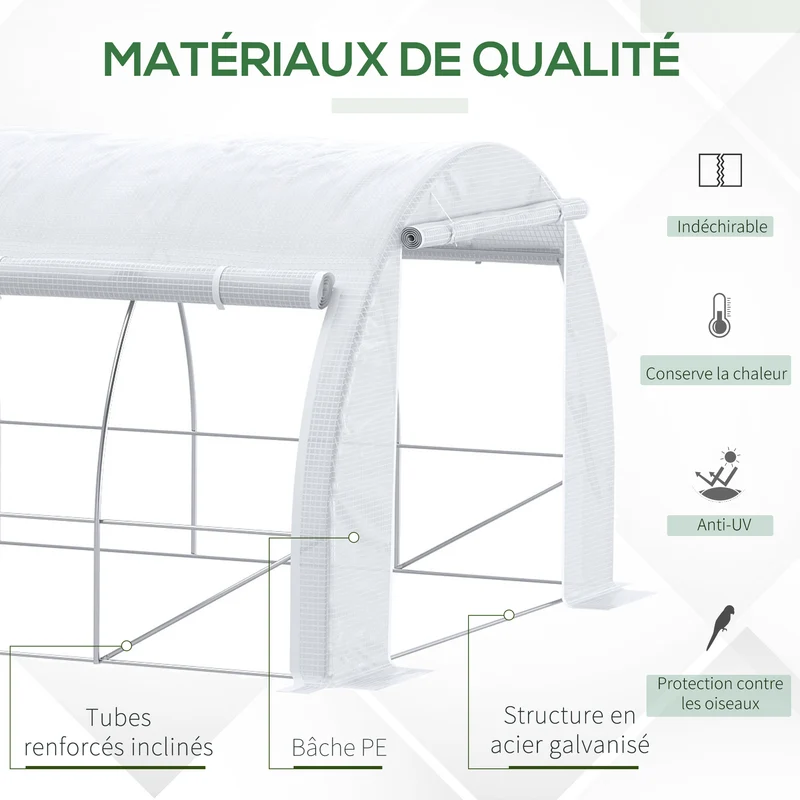 Serre de jardin tunnel 5.97 x 3 x 2 m porte zippée anti uv pour potager extérieur contemporain en polyéthylène blanc 21_0004243