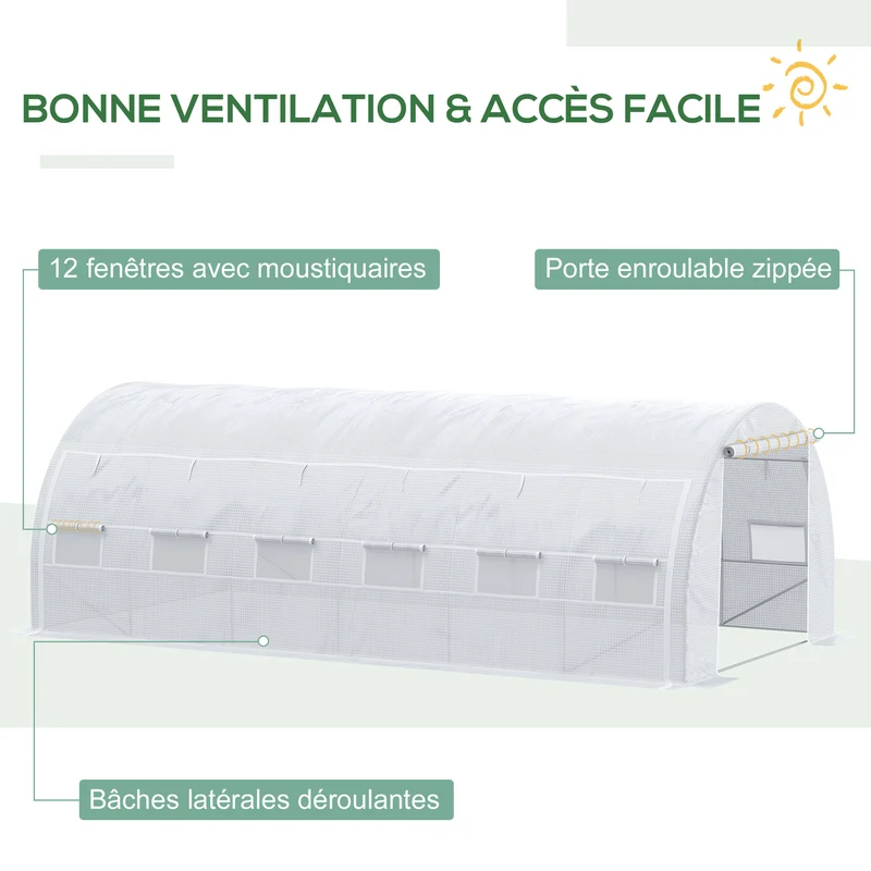 Serre de jardin tunnel 5.97 x 3 x 2 m porte zippée anti uv pour potager extérieur contemporain en polyéthylène blanc 21_0004243