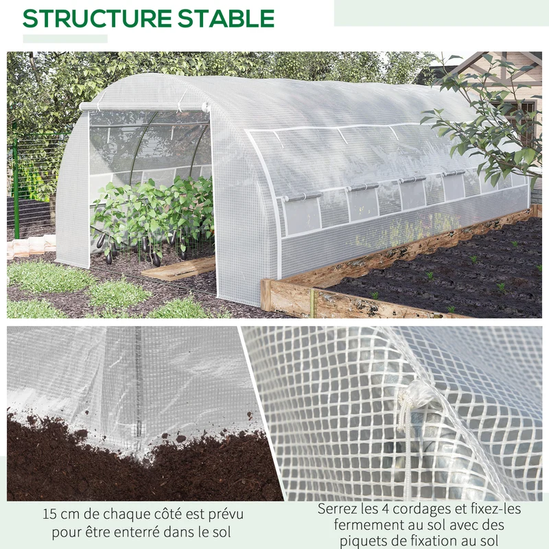 Serre de jardin tunnel 5.97 x 3 x 2 m porte zippée anti uv pour potager extérieur contemporain en polyéthylène blanc 21_0004243