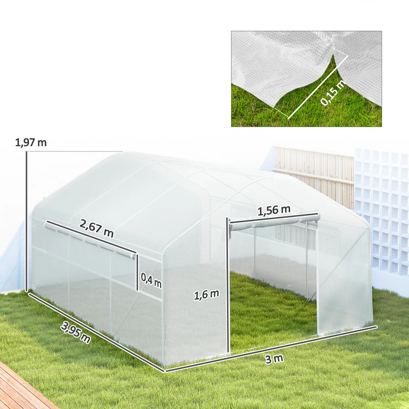 Serre de jardin tunnel 395 x 300 x 197 cm porte enroulable aération optimale contemporain moderne extérieur en pe blanc 21_0005515