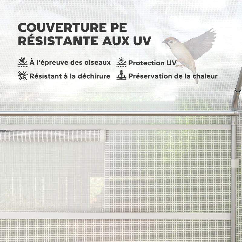 Serre de jardin tunnel 395 x 300 x 197 cm porte enroulable aération optimale contemporain moderne extérieur en pe blanc 21_0005515