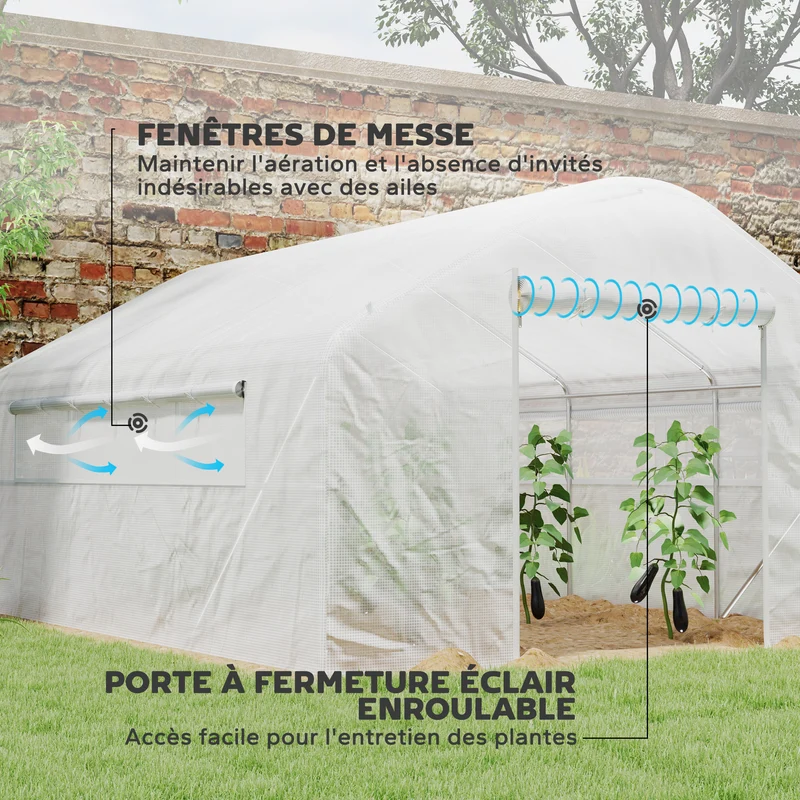 Serre de jardin tunnel 395 x 300 x 197 cm porte enroulable aération optimale contemporain moderne extérieur en pe blanc 21_0005515