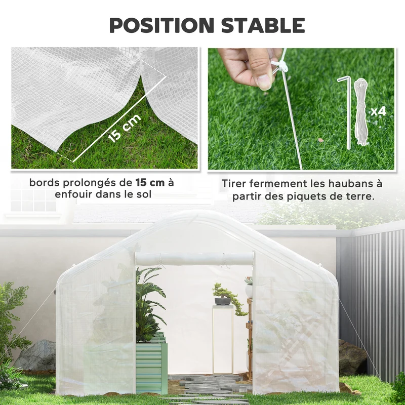 Serre de jardin tunnel 395 x 300 x 197 cm porte enroulable aération optimale contemporain moderne extérieur en pe blanc 21_0005515