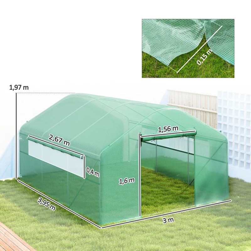 Serre de jardin tunnel 395 x 300 x 197 cm aération optimale et porte enroulable protection uv contemporain en pe vert 21_0005514