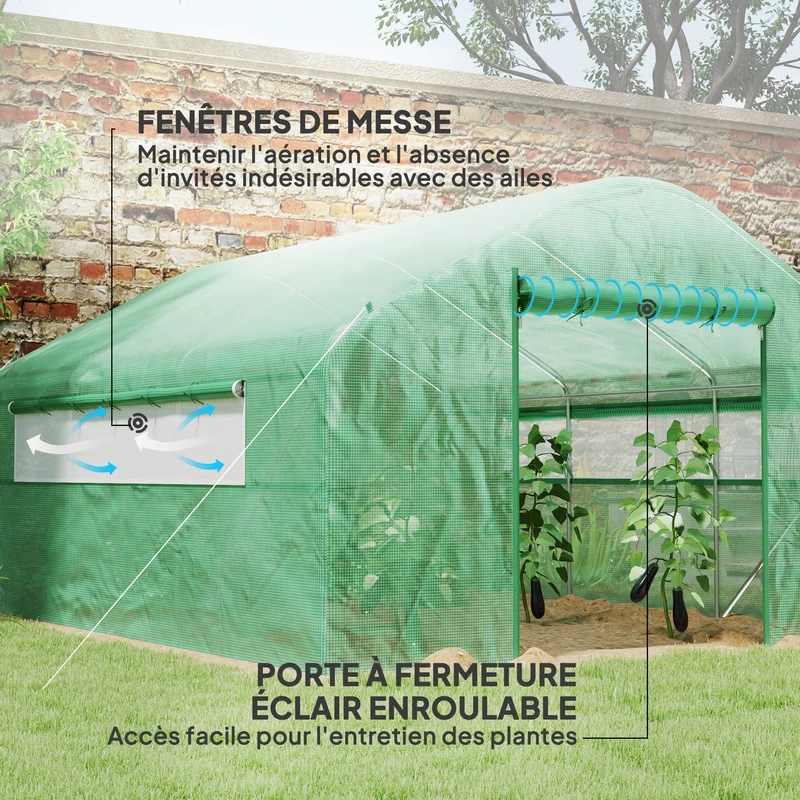Serre de jardin tunnel 395 x 300 x 197 cm aération optimale et porte enroulable protection uv contemporain en pe vert 21_0005514