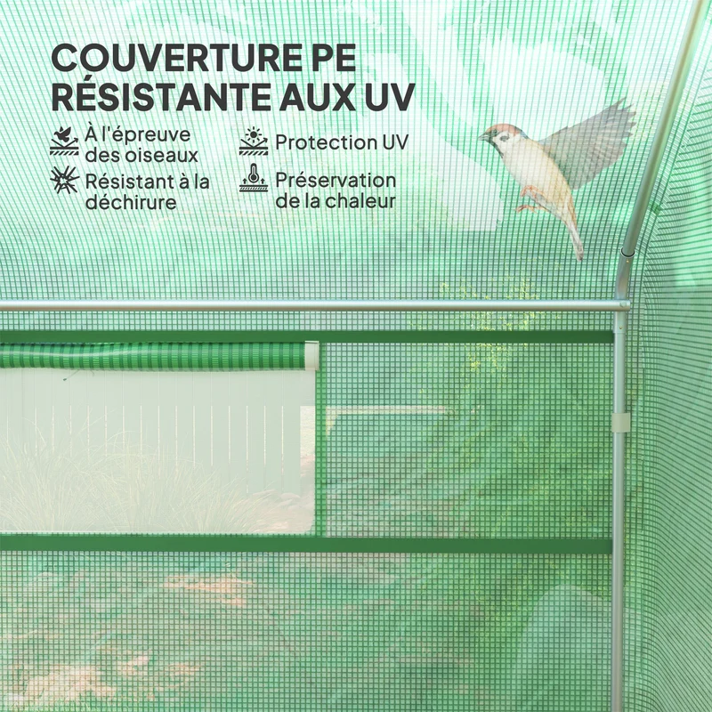 Serre de jardin tunnel 395 x 300 x 197 cm aération optimale et porte enroulable protection uv contemporain en pe vert 21_0005514