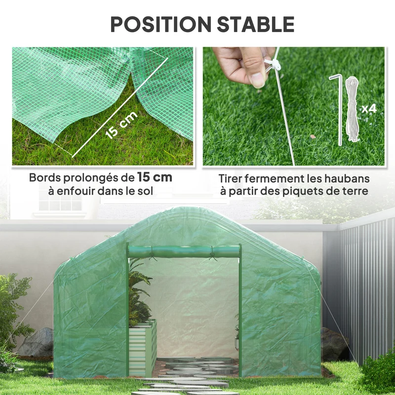 Serre de jardin tunnel 395 x 300 x 197 cm aération optimale et porte enroulable protection uv contemporain en pe vert 21_0005514