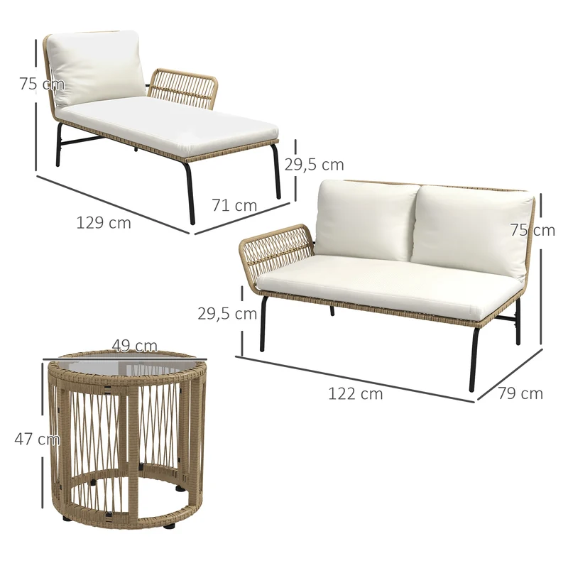Salon de jardin d'angle 3 places 122 x 79 x 75 cm coussins amovibles confortable moderne épuré en résine tressée crème 21_0005973