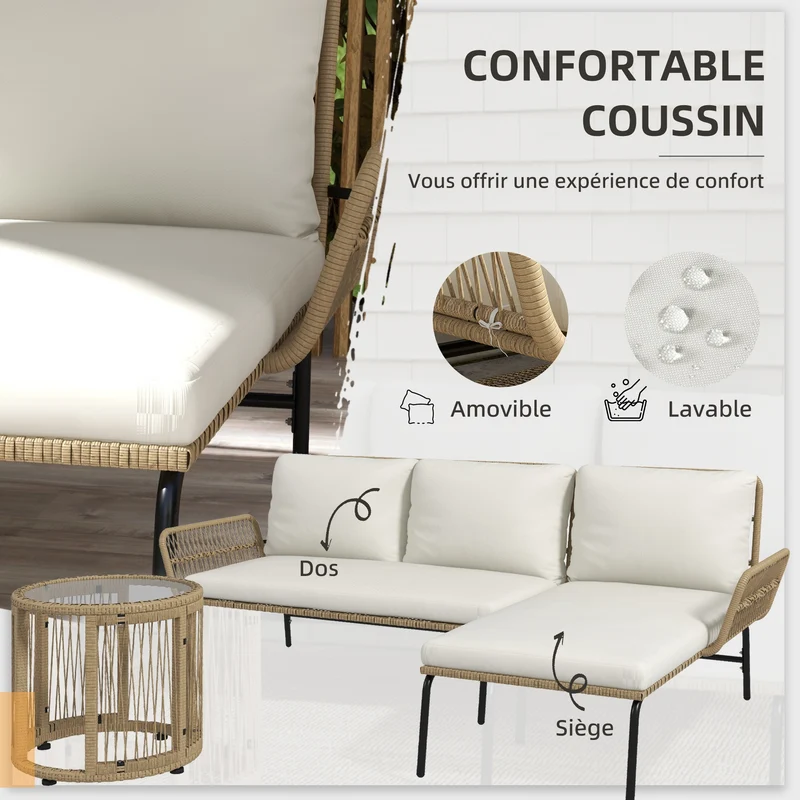 Salon de jardin d'angle 3 places 122 x 79 x 75 cm coussins amovibles confortable moderne épuré en résine tressée crème 21_0005973