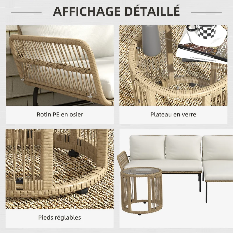 Salon de jardin d'angle 3 places 122 x 79 x 75 cm coussins amovibles confortable moderne épuré en résine tressée crème 21_0005973