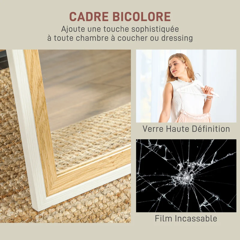 Miroir sur pied pleine longueur 157 x 37 x 2,5 cm réflexion corps total film anti-bris design moderne salon en MDF blanc 21_0001632