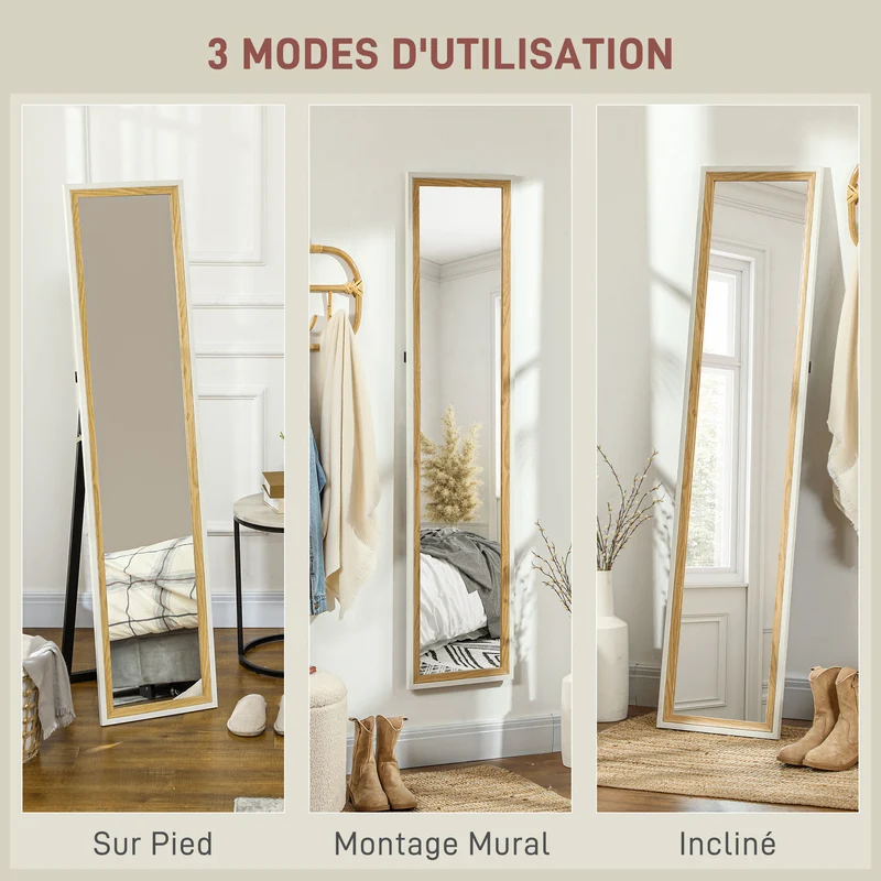 Miroir sur pied pleine longueur 157 x 37 x 2,5 cm réflexion corps total film anti-bris design moderne salon en MDF blanc 21_0001632