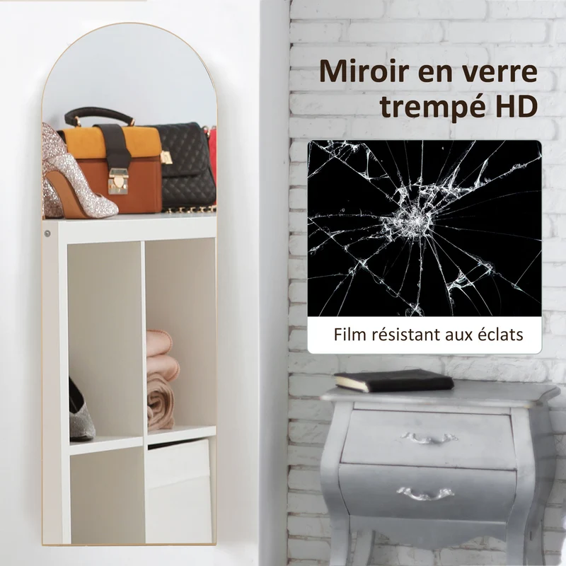Miroir pleine longueur sur pied mural 50 x 150 cm vue intégrale film anti éclats sans cadre contemporain en verre doré 21_0001631