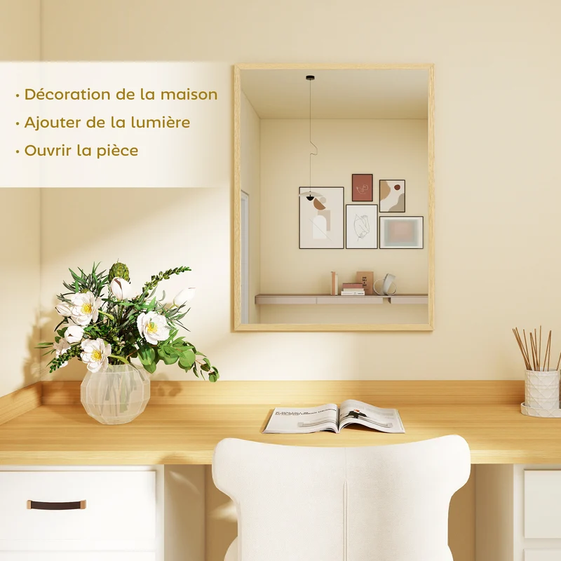 Miroir mural rectangulaire 80 x 60 cm apporte luminosité fixation 4 crochets épuré style scandinave en MDF bois naturel 21_0001358
