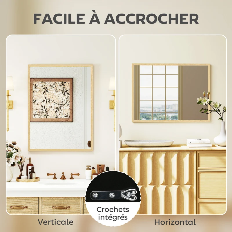 Miroir mural rectangulaire 80 x 60 cm apporte luminosité fixation 4 crochets épuré style scandinave en MDF bois naturel 21_0001358
