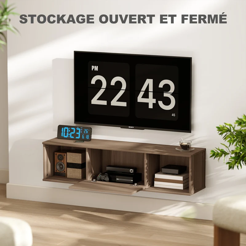 Meuble télévision mural 120 x 30 x 29,5 cm montage 2 niches porte abattante style épuré en panneau de particules marron 21_0002757